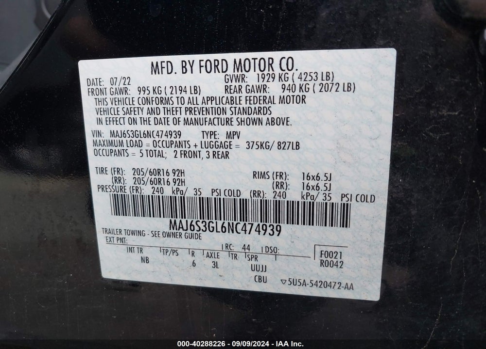 2022 FORD ECOSPORT SE VIN: MAJ6S3GL6NC474939