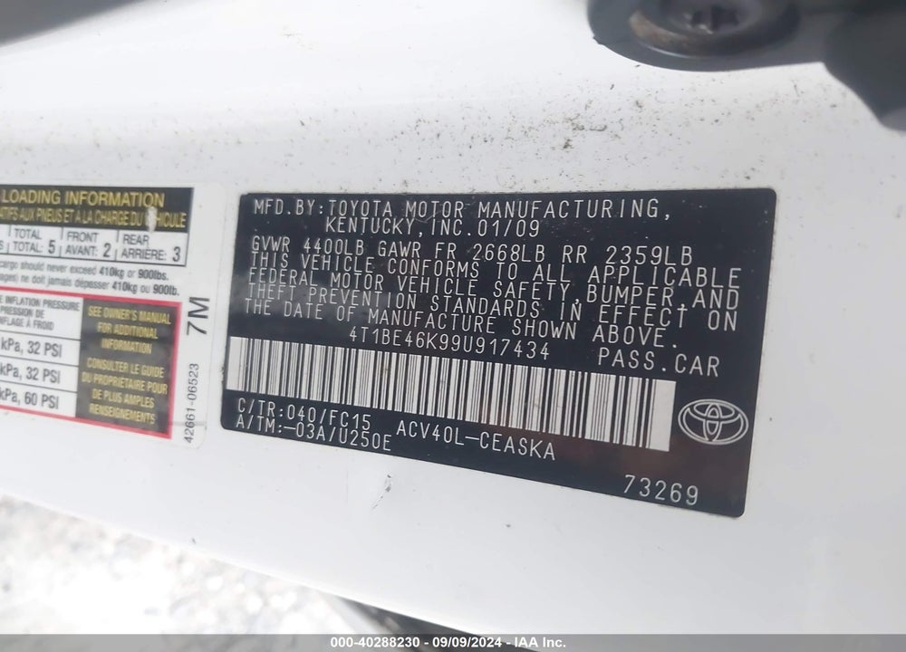 2009 TOYOTA CAMRY SE VIN: 4T1BE46K99U917434