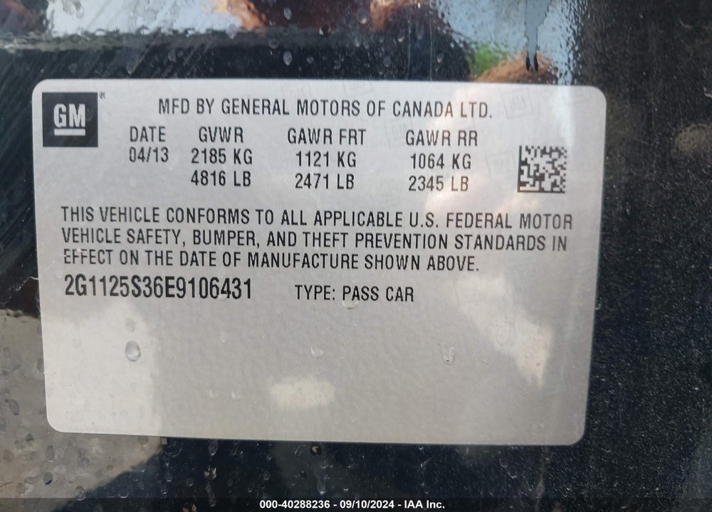 2014 CHEVROLET IMPALA 2LT VIN: 2G1125S36E9106431