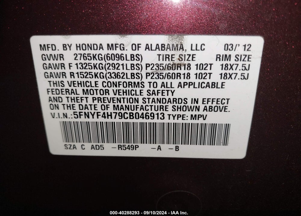 2012 HONDA PILOT EX-L VIN: 5FNYF4H79CB046913