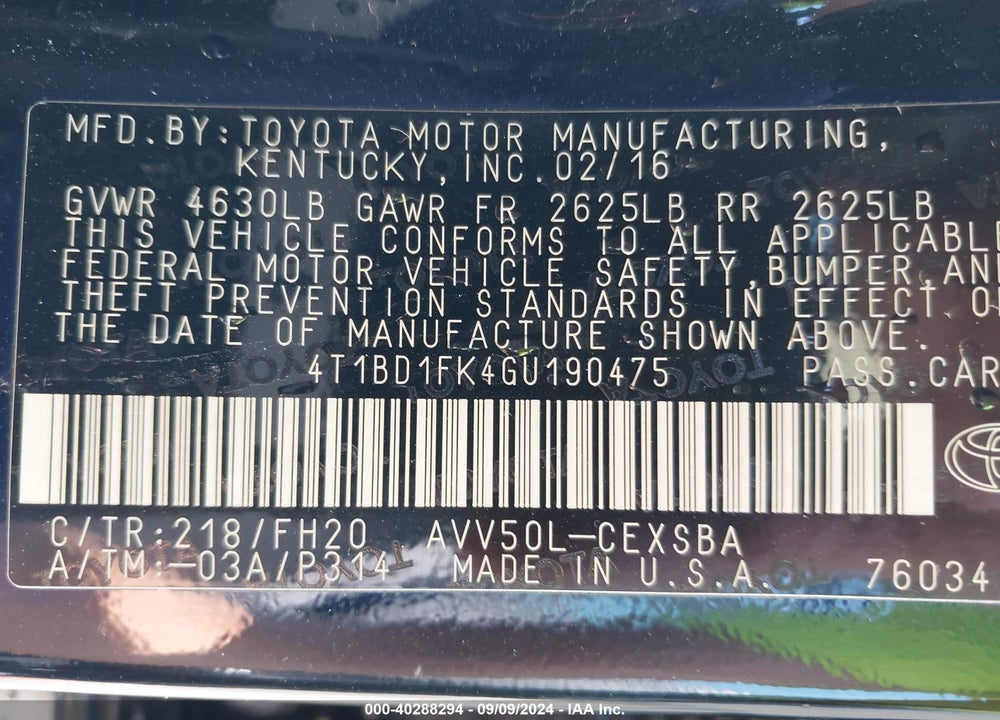 2016 TOYOTA CAMRY HYBRID SE VIN: 4T1BD1FK4GU190475