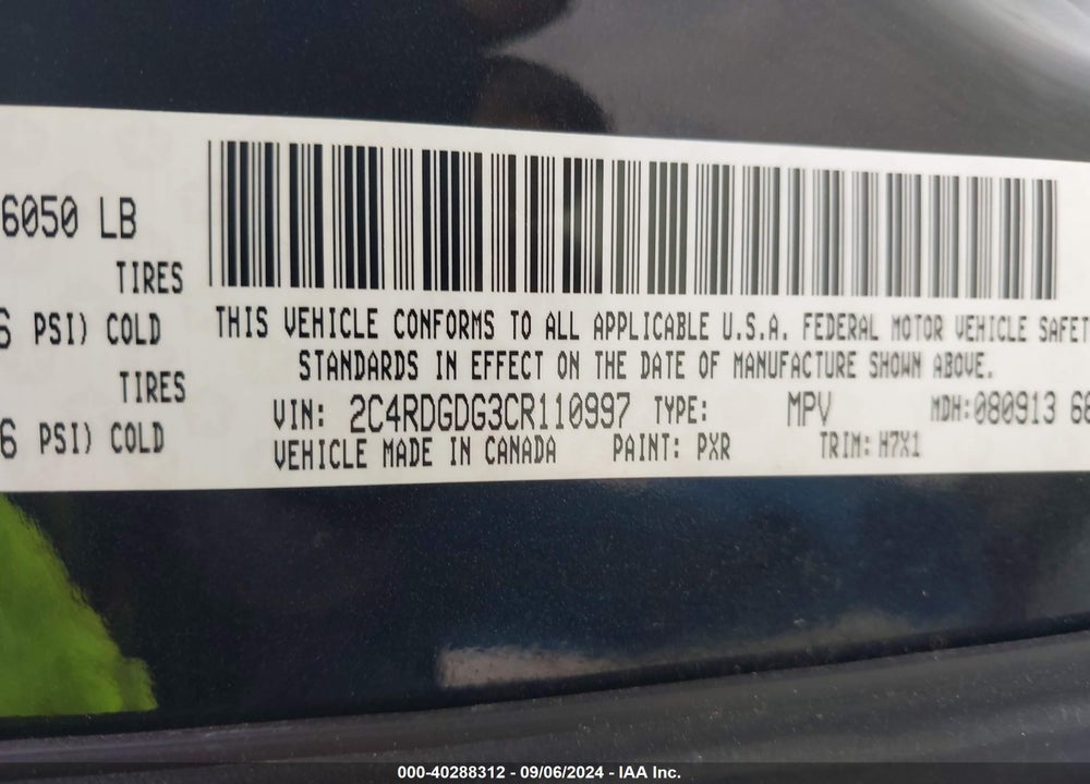 2012 DODGE GRAND CARAVAN VIN: 2C4RDGDG3CR110997