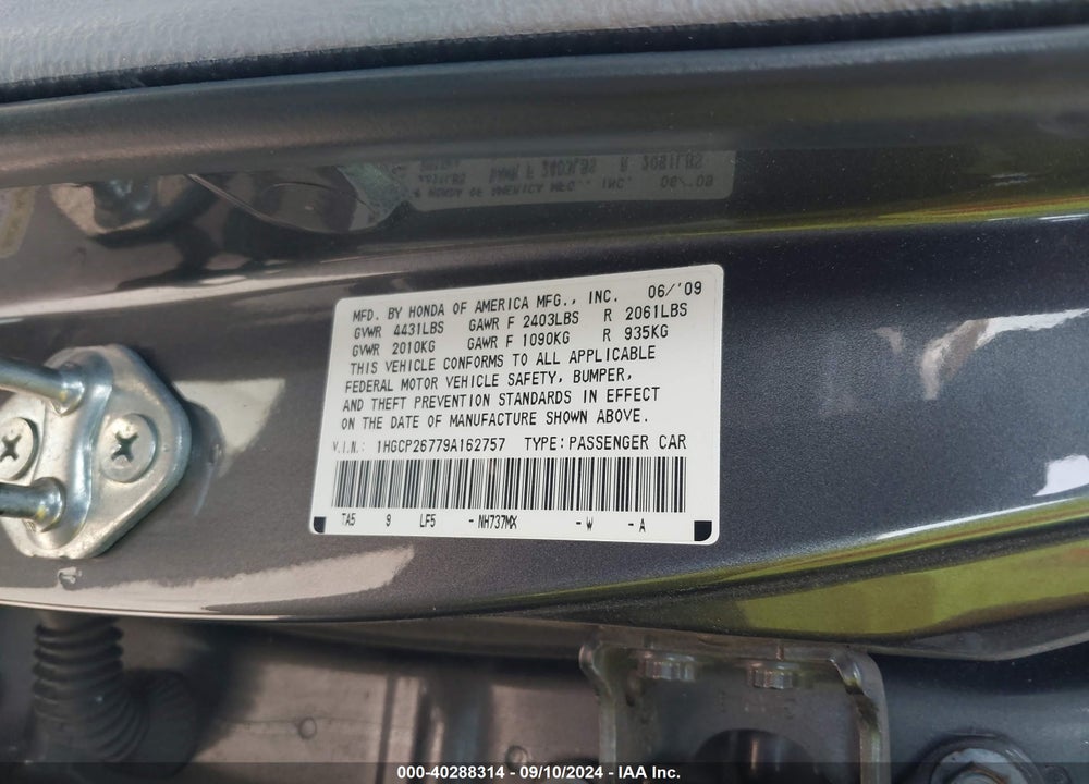 2009 HONDA ACCORD 2.4 EX VIN: 1HGCP26779A162757