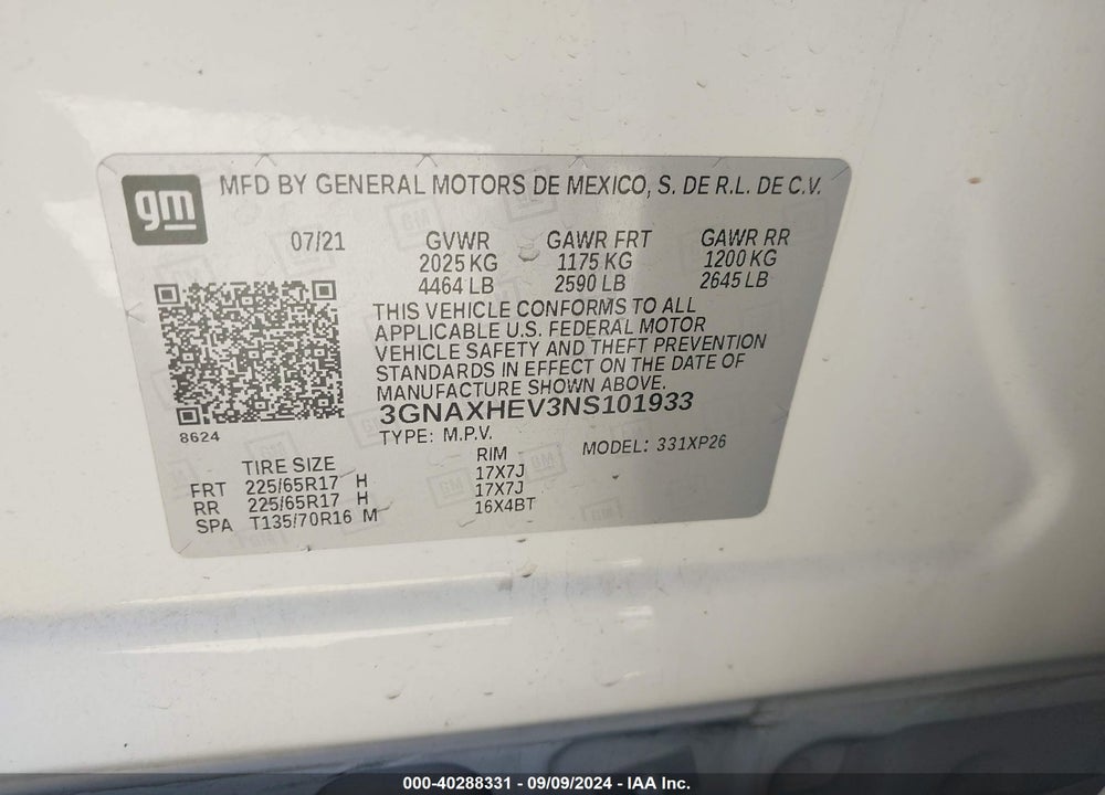 2022 CHEVROLET EQUINOX FWD LS VIN: 3GNAXHEV3NS101933