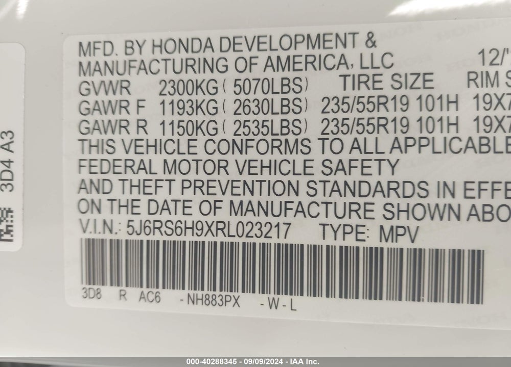 2024 HONDA CR-V HYBRID SPORT TOURING VIN: 5J6RS6H9XRL023217