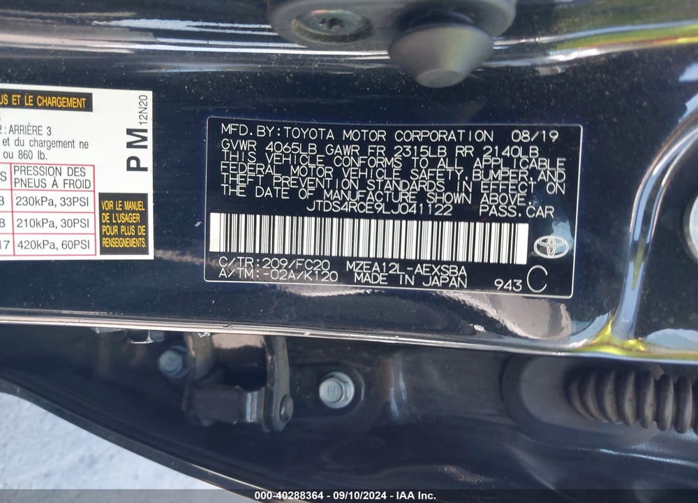 2020 TOYOTA COROLLA SE VIN: JTDS4RCE9LJ041122
