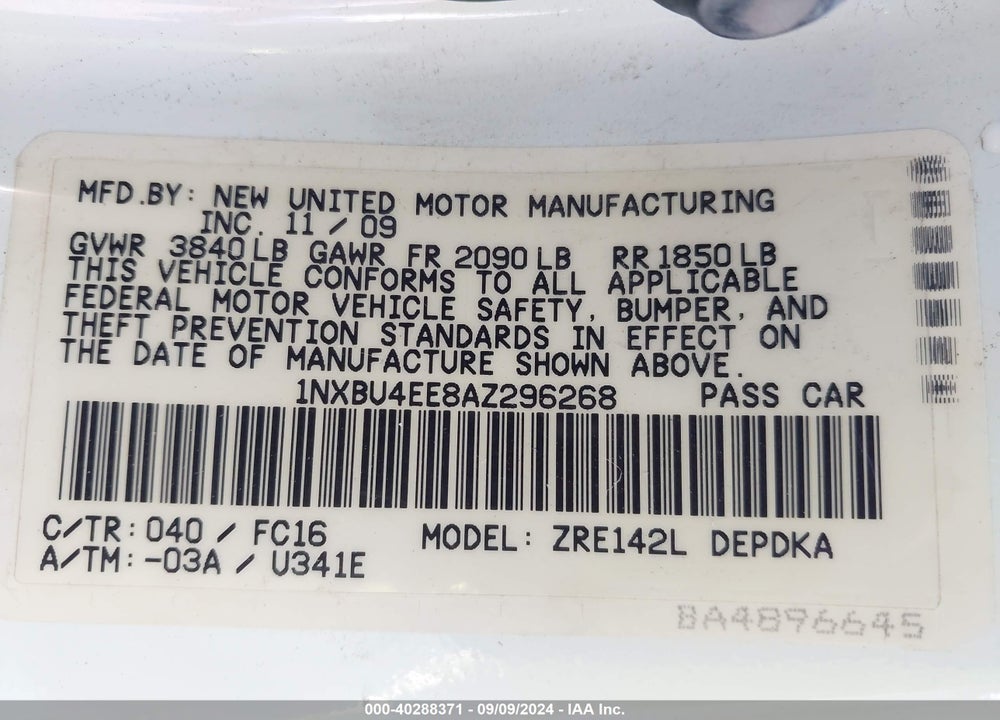 2010 TOYOTA COROLLA LE VIN: 1NXBU4EE8AZ296268