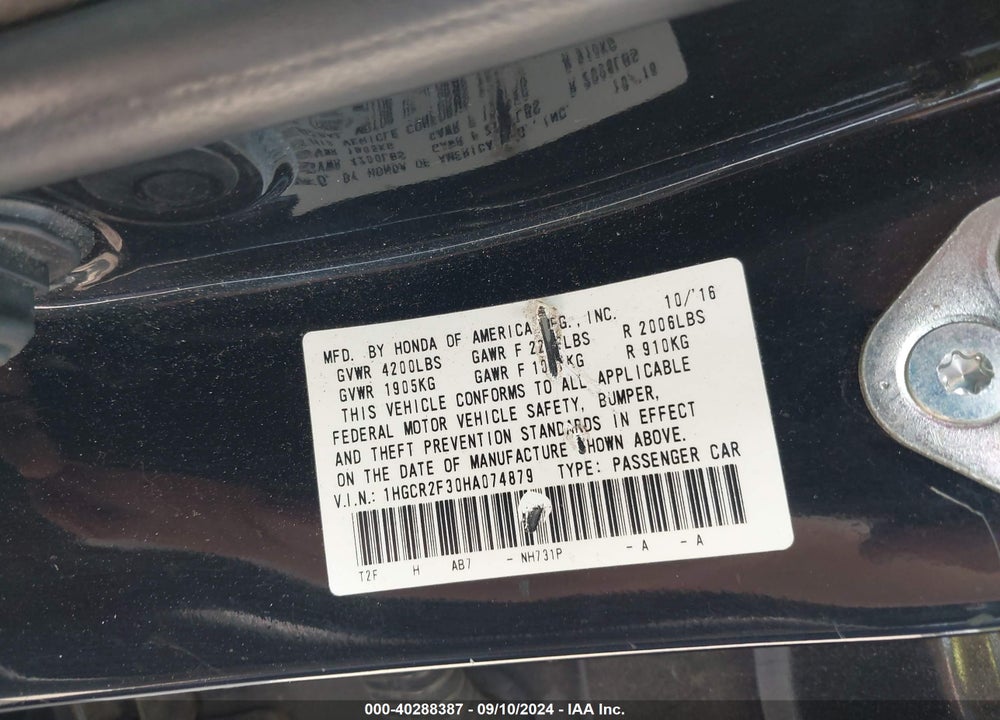 2017 HONDA ACCORD LX VIN: 1HGCR2F30HA074879
