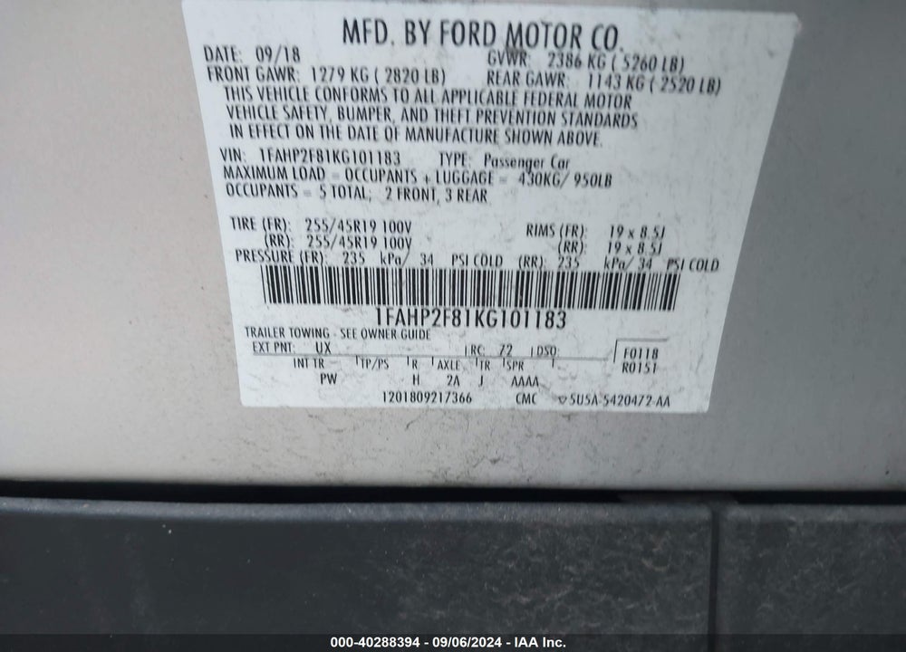2019 FORD TAURUS LIMITED VIN: 1FAHP2F81KG101183