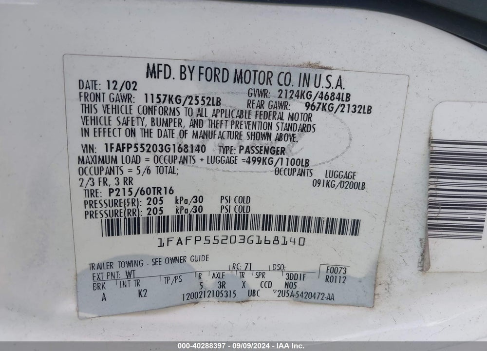 2003 FORD TAURUS SES VIN: 1FAFP55203G168140