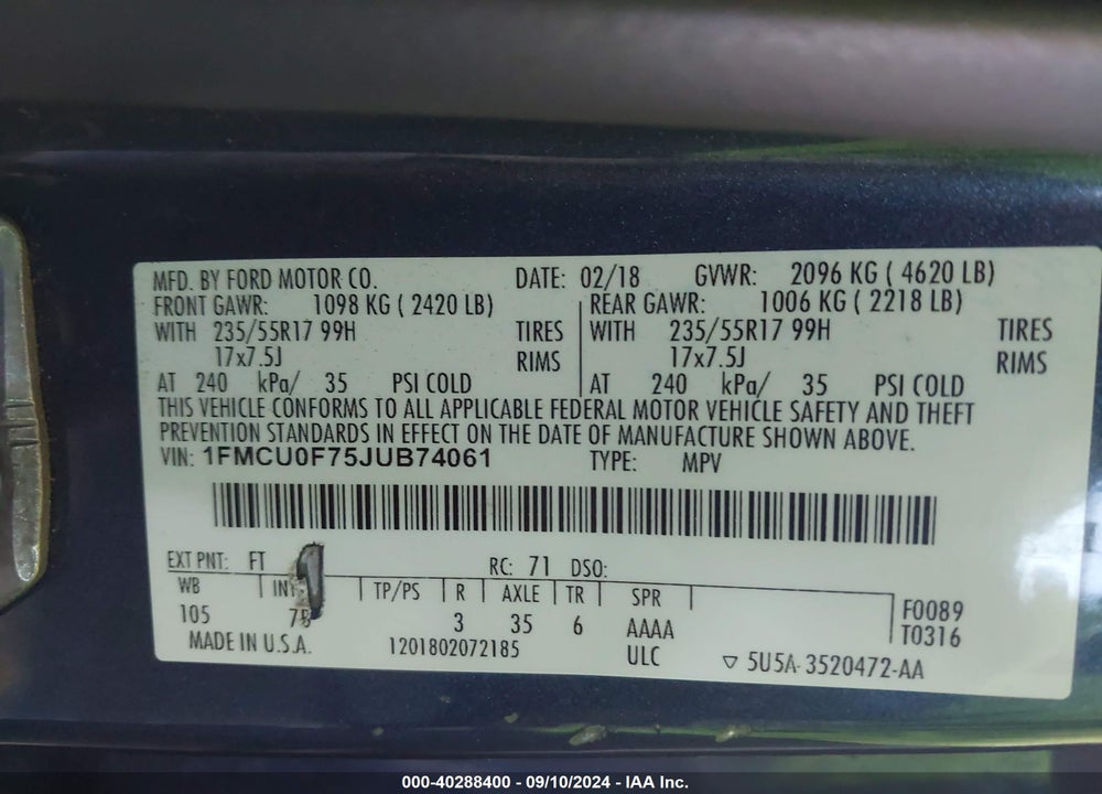 2018 FORD ESCAPE S VIN: 1FMCU0F75JUB74061