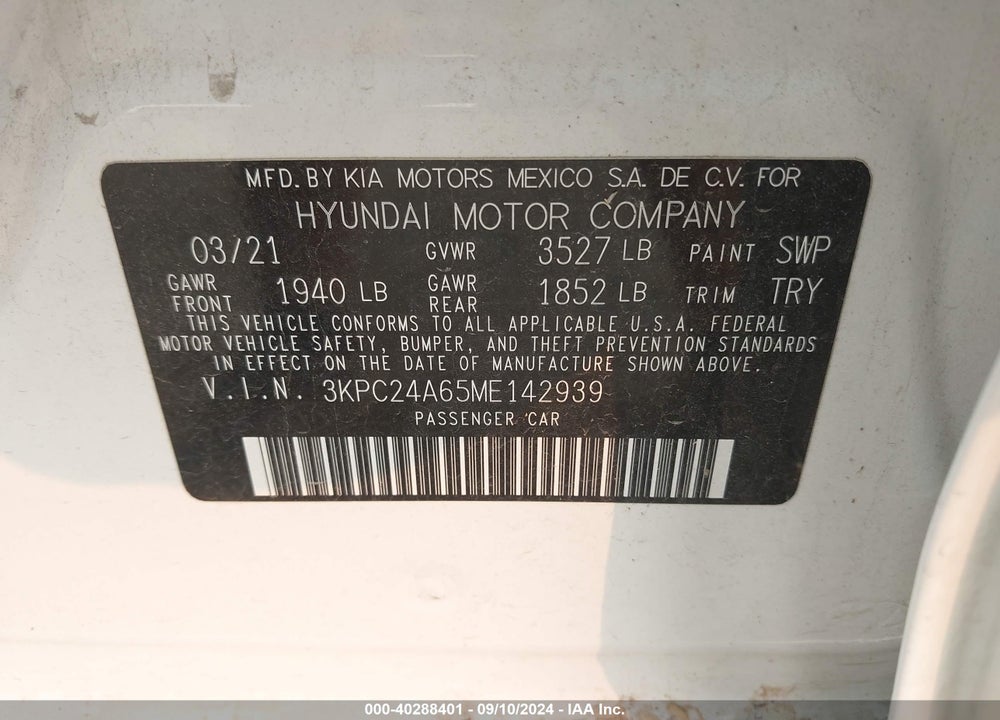 2021 HYUNDAI ACCENT SE VIN: 3KPC24A65ME142939