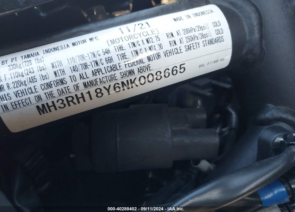 2022 YAMAHA YZFR3 A VIN: MH3RH18Y6NK008665