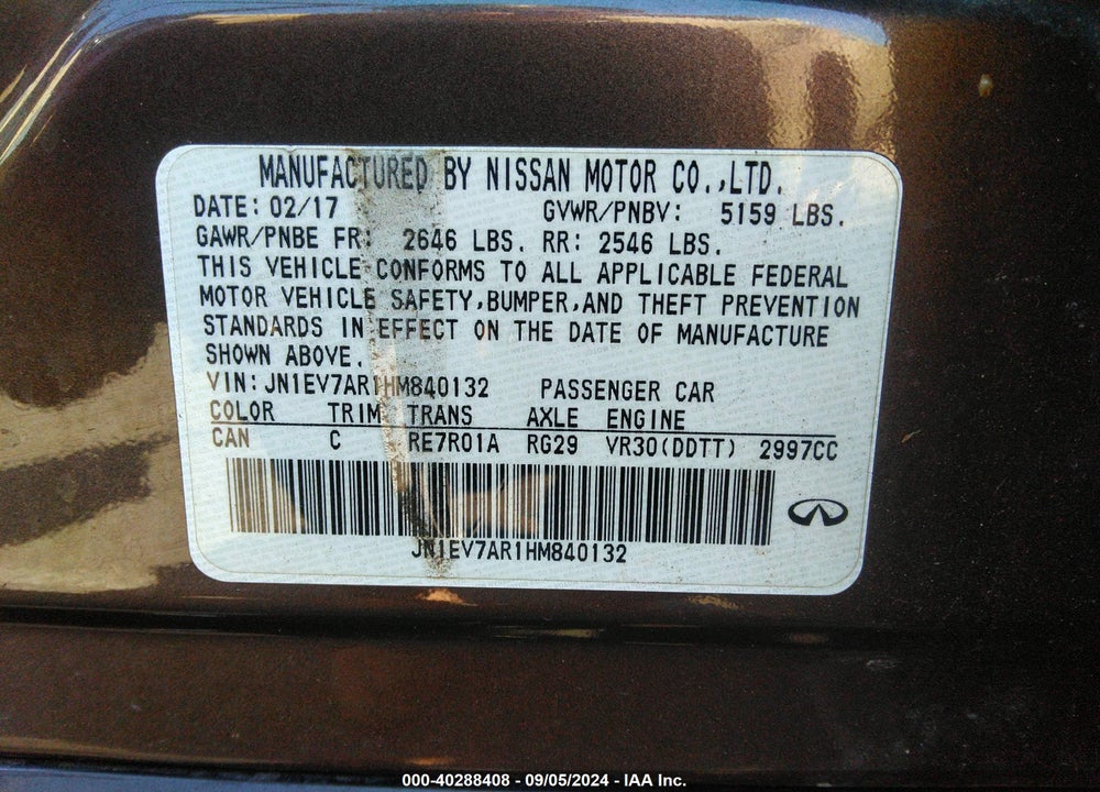 2017 INFINITI Q50 3.0T PREMIUM VIN: JN1EV7AR1HM840132