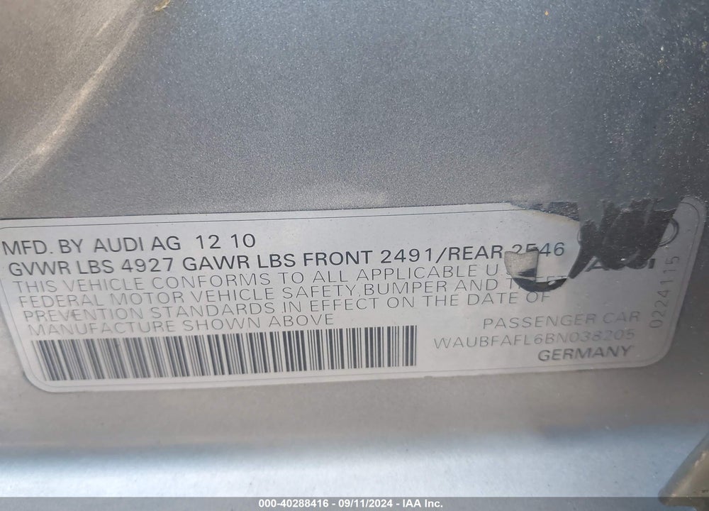 2011 AUDI A4 2.0T PREMIUM VIN: WAUBFAFL6BN038205