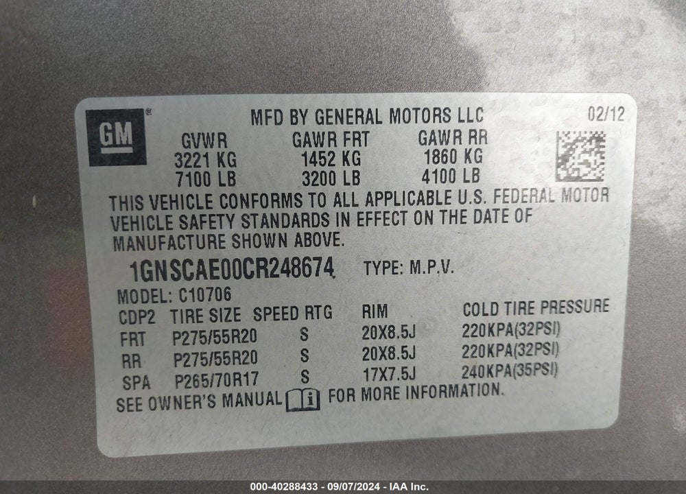 2012 CHEVROLET TAHOE LS VIN: 1GNSCAE00CR248674