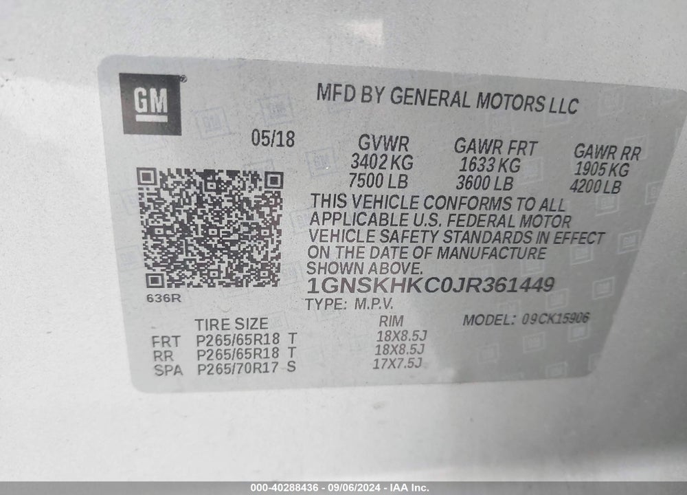 2018 CHEVROLET SUBURBAN LT VIN: 1GNSKHKC0JR361449