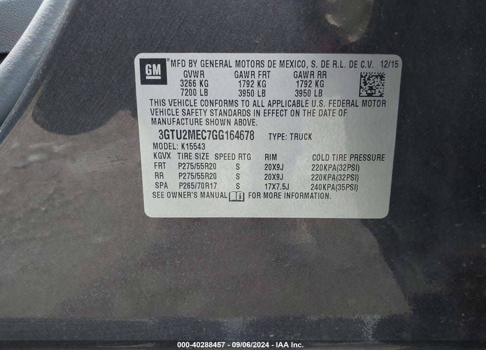 2016 GMC SIERRA 1500 SLE VIN: 3GTU2MEC7GG164678
