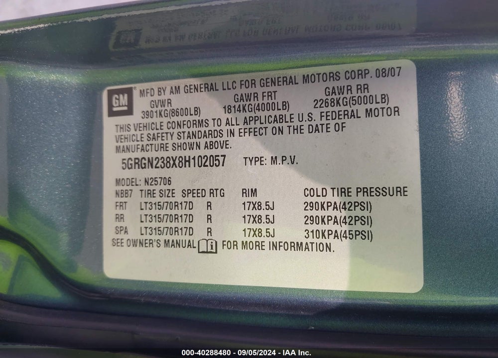 2008 HUMMER H2 SUV VIN: 5GRGN238X8H102057