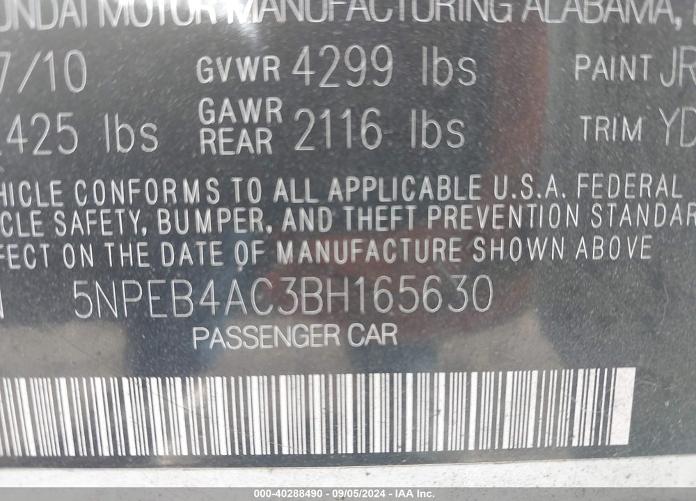 2011 HYUNDAI SONATA GLS VIN: 5NPEB4AC3BH165630