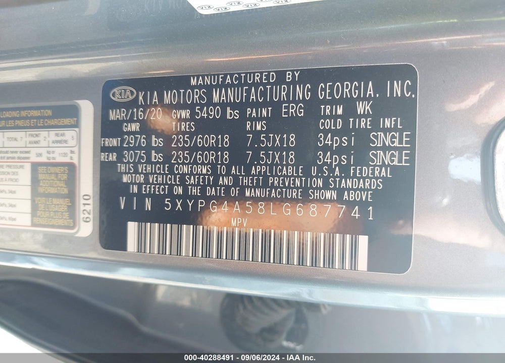 2020 KIA SORENTO 3.3L LX VIN: 5XYPG4A58LG687741