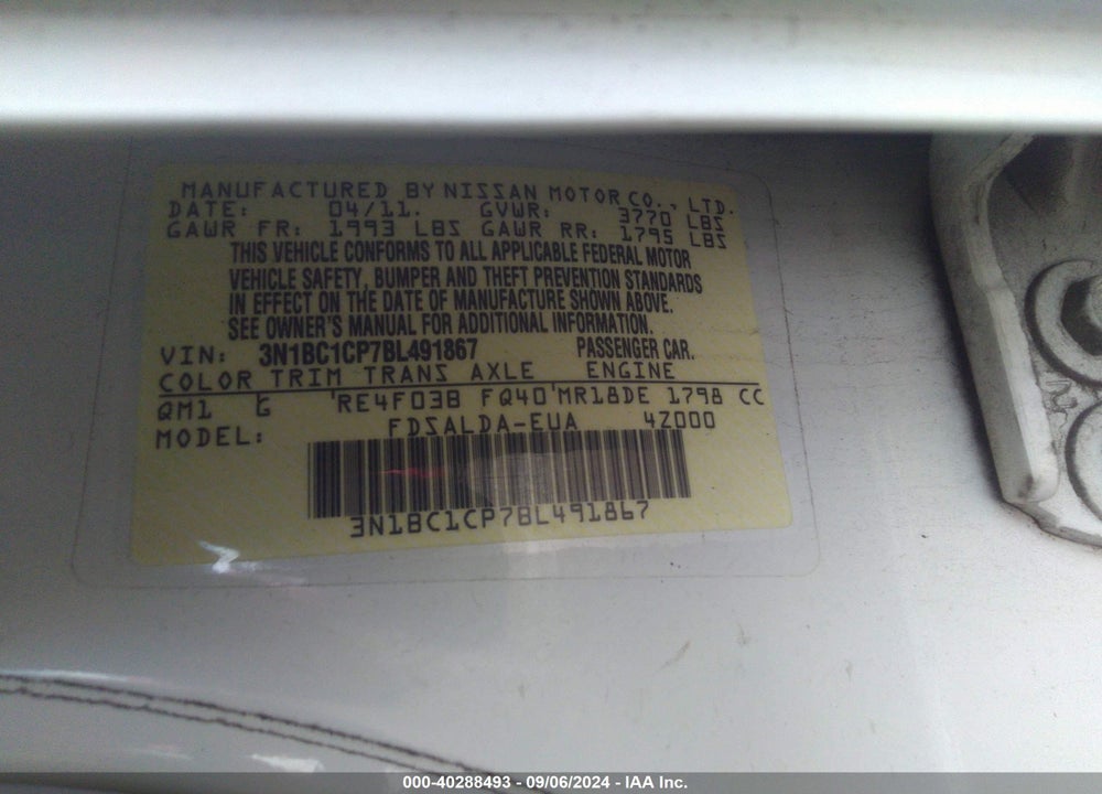 2011 NISSAN VERSA VIN: 3N1BC1CP7BL491867