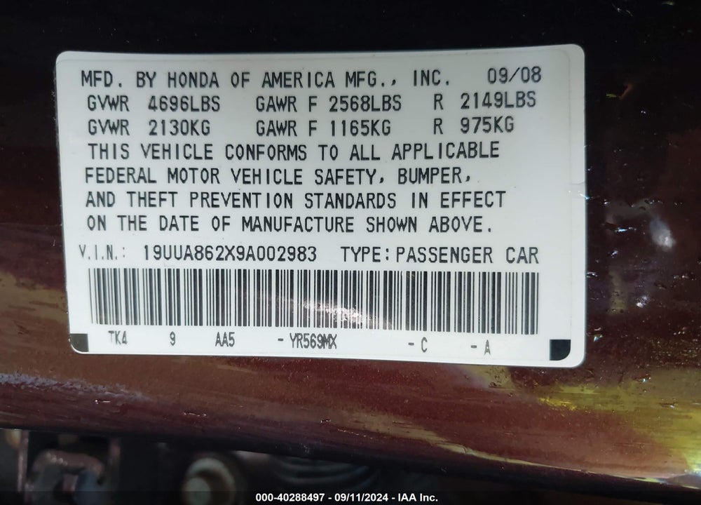 2009 ACURA TL 3.5 VIN: 19UUA862X9A002983