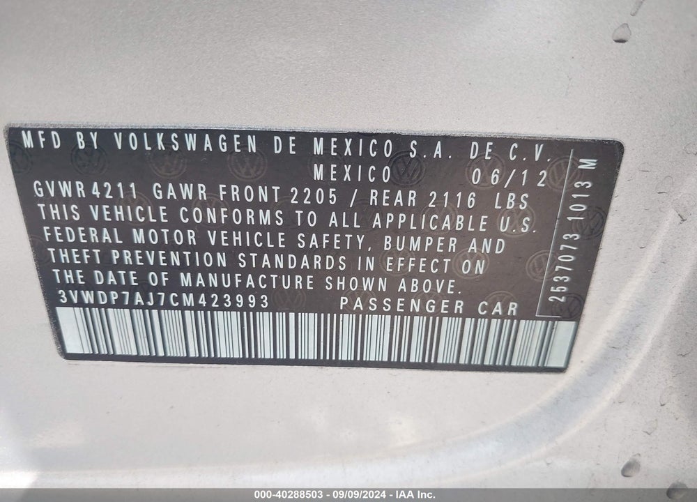 2012 VOLKSWAGEN JETTA 2.5L SE VIN: 3VWDP7AJ7CM423993