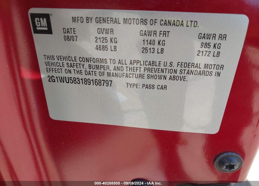2008 CHEVROLET IMPALA LTZ VIN: 2G1WU583189168797