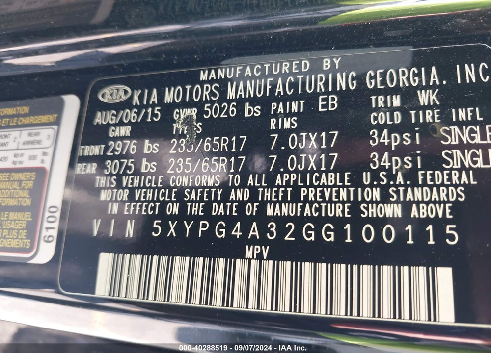 2016 KIA SORENTO 2.4L L VIN: 5XYPG4A32GG100115