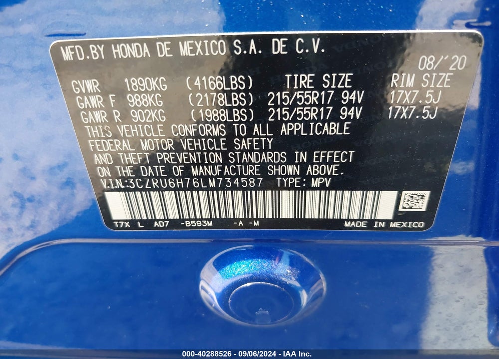 2020 HONDA HR-V AWD EX-L VIN: 3CZRU6H76LM734587