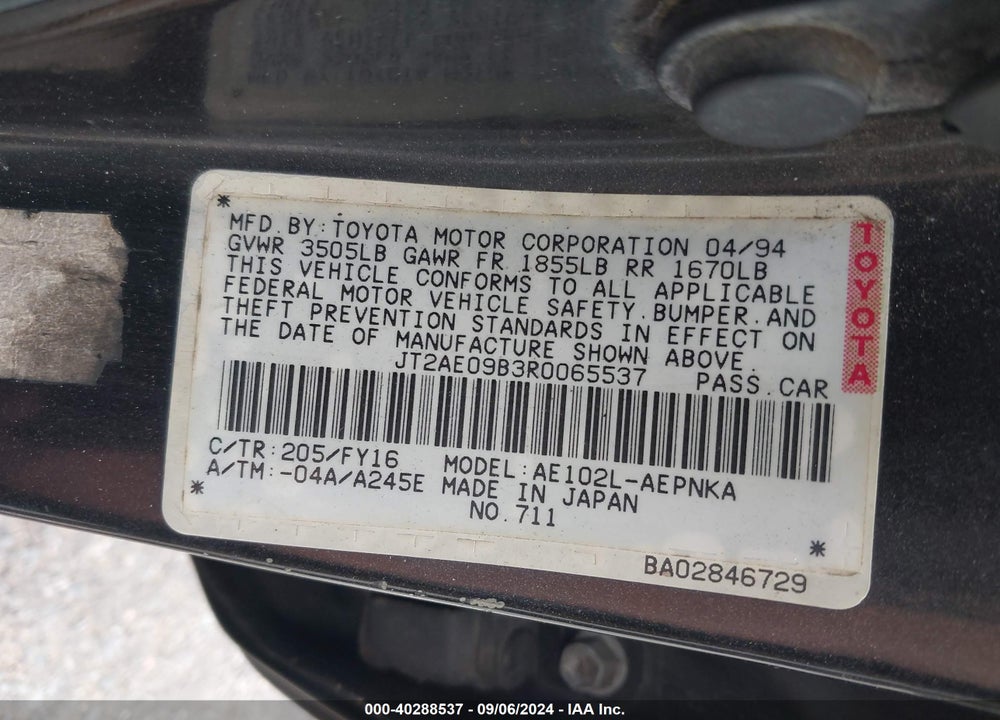 1994 TOYOTA COROLLA LE/DX VIN: JT2AE09B3R0065537