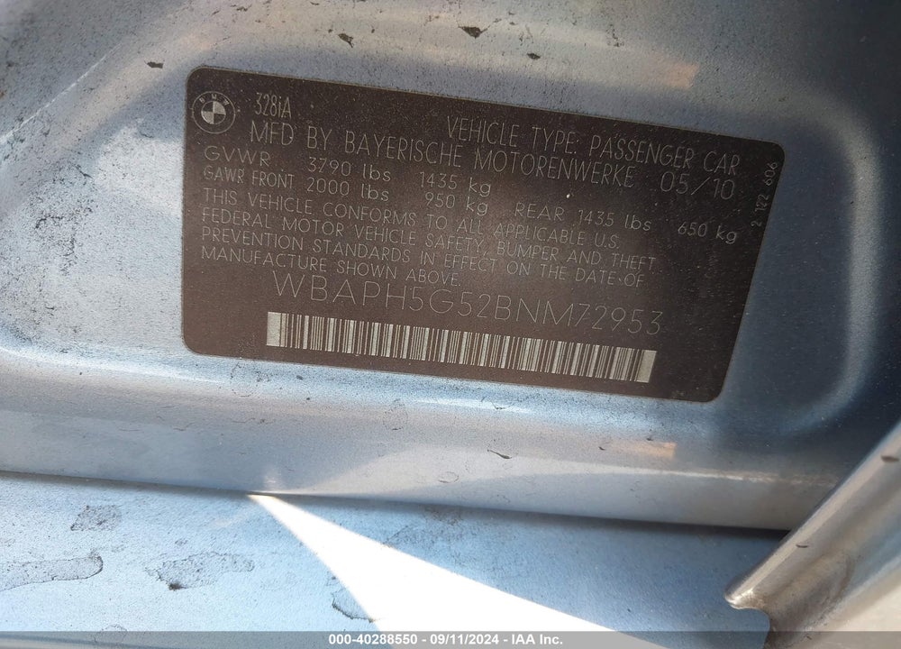 2011 BMW 328I VIN: WBAPH5G52BNM72953