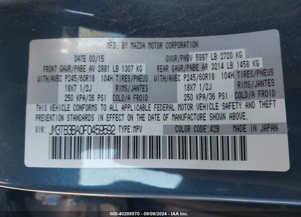 2015 MAZDA CX-9 SPORT VIN: JM3TB3BA0F0459592