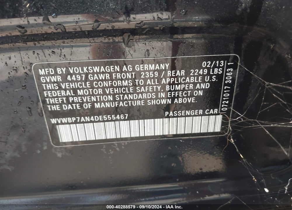 2013 VOLKSWAGEN CC 2.0T SPORT VIN: WVWBP7AN4DE555467