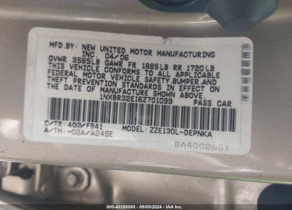 2006 TOYOTA COROLLA LE VIN: 1NXBR32E16Z701099