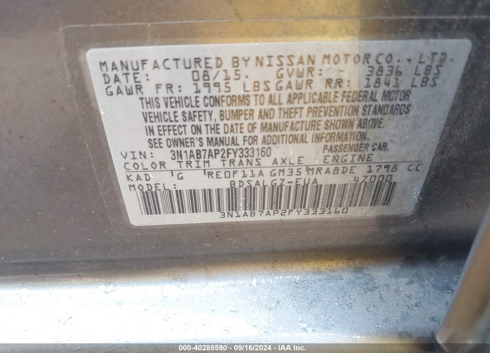 2015 NISSAN SENTRA SL VIN: 3N1AB7AP2FY333160