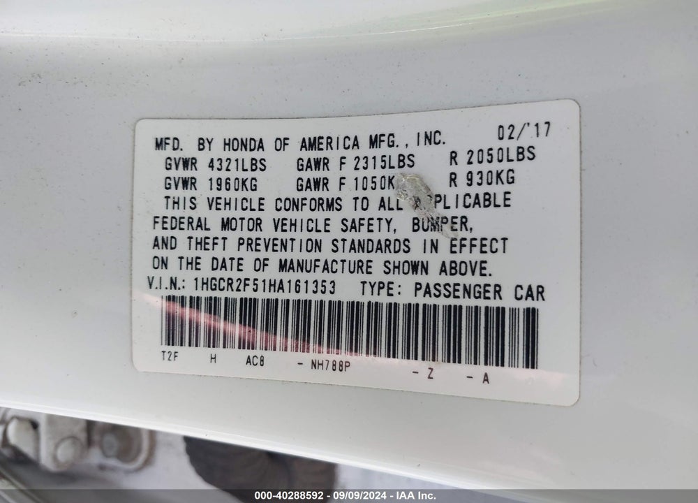 2017 HONDA ACCORD SPORT VIN: 1HGCR2F51HA161353