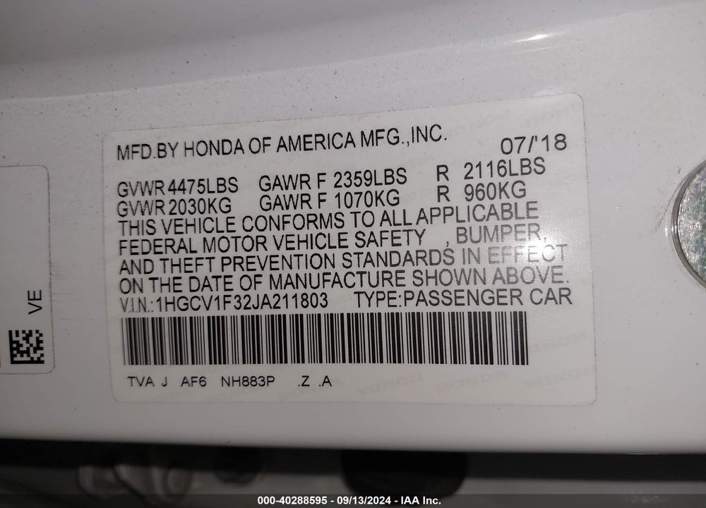 2018 HONDA ACCORD SPORT VIN: 1HGCV1F32JA211803