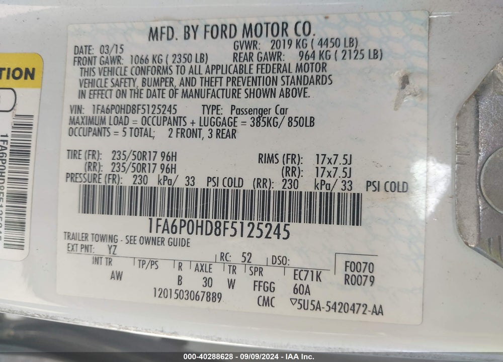 2015 FORD FUSION SE VIN: 1FA6P0HD8F5125245