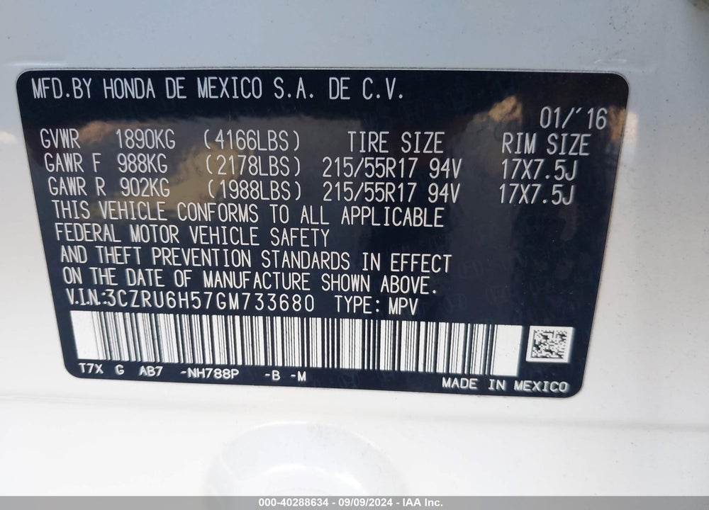 2016 HONDA HR-V EX VIN: 3CZRU6H57GM733680