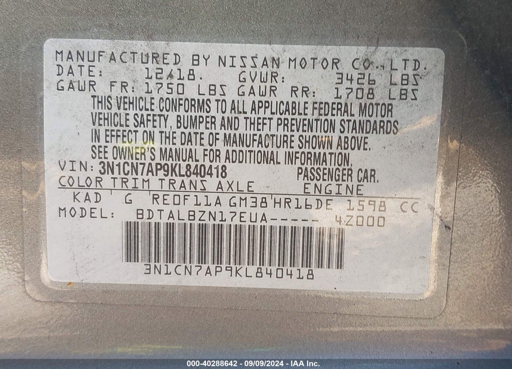 2019 NISSAN VERSA 1.6 SV VIN: 3N1CN7AP9KL840418