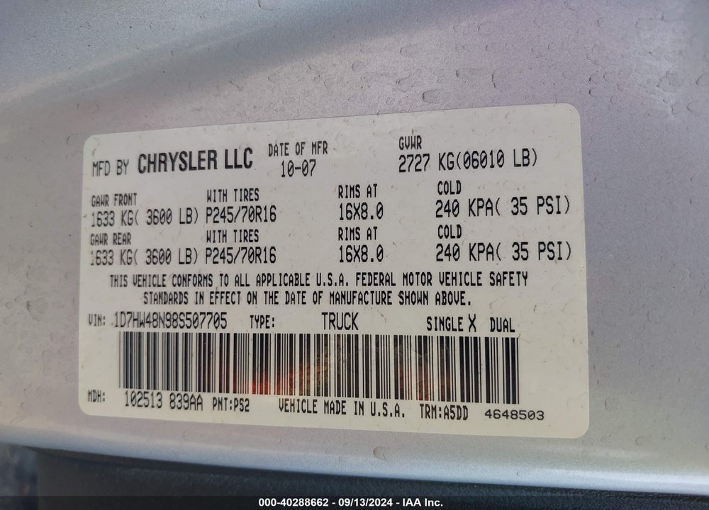 2008 DODGE DAKOTA SLT VIN: 1D7HW48N98S507705