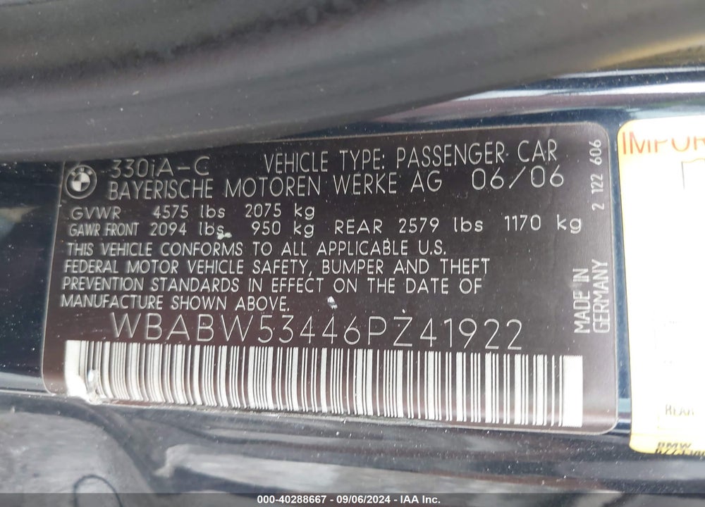 2006 BMW 330CI VIN: WBABW53446PZ41922
