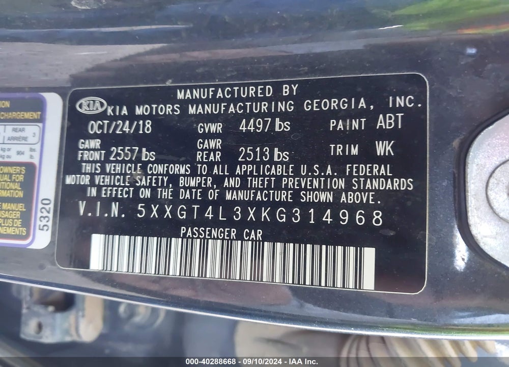 2019 KIA OPTIMA VIN: 5XXGT4L3XKG314968
