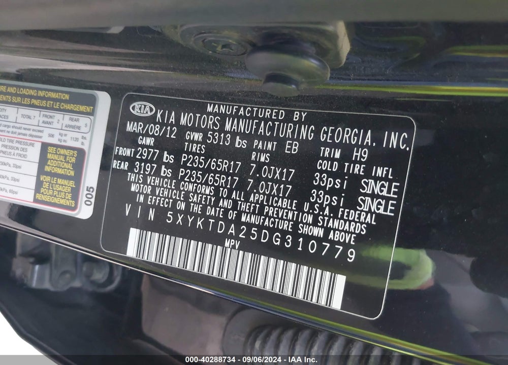 2013 KIA SORENTO LX V6 VIN: 5XYKTDA25DG310779