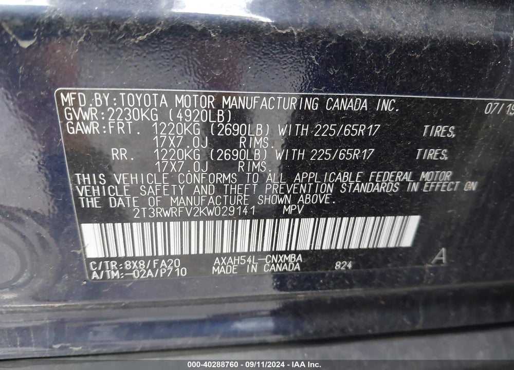 2019 TOYOTA RAV4 HYBRID XLE VIN: 2T3RWRFV2KW029141