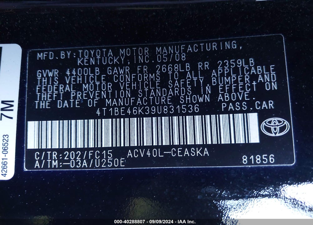 2009 TOYOTA CAMRY SE VIN: 4T1BE46K39U831536