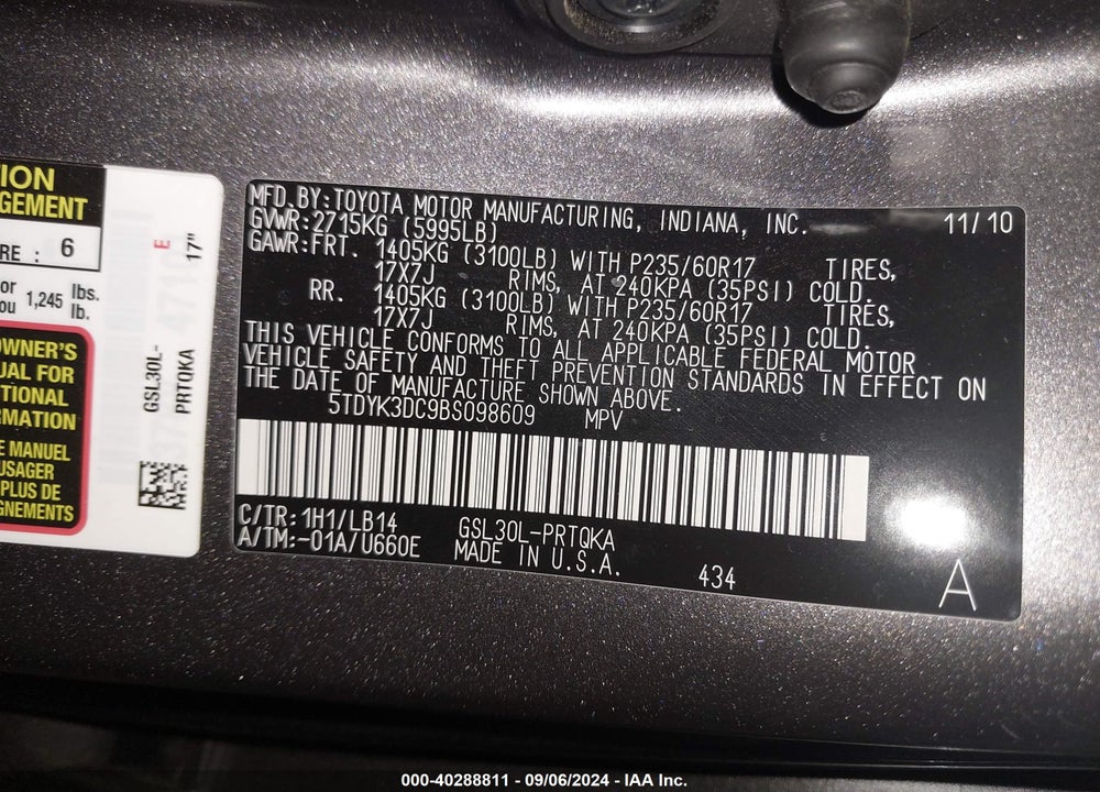 2011 TOYOTA SIENNA XLE V6 VIN: 5TDYK3DC9BS098609