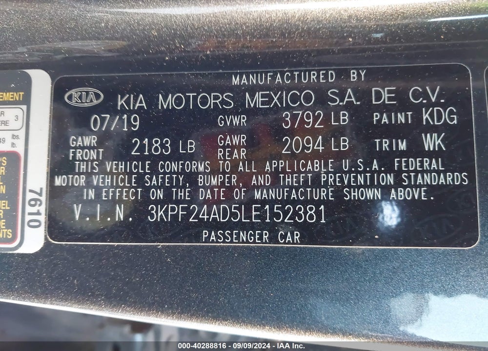 2020 KIA FORTE LXS VIN: 3KPF24AD5LE152381